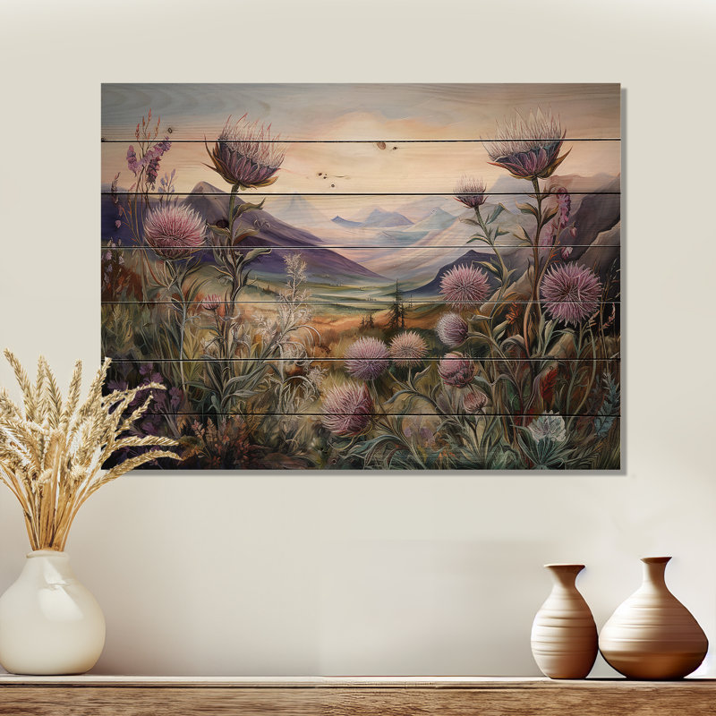 Charme de montagne champ de chardon mauve - chardon, art mural sur bois de pin naturel, H 24 po x l 32 po