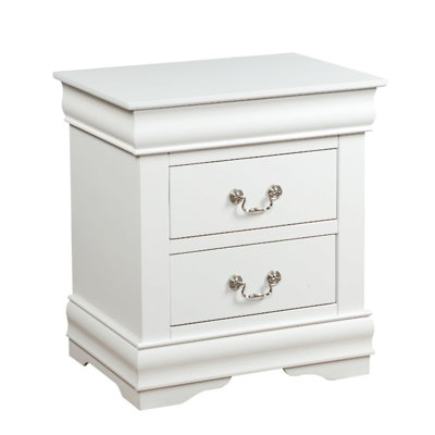 Compacte et élégante, table de chevet classique en bois blanc à 2 tiroirs pour la chambre à coucher, glissières en métal de 21 pouces de largeur, poignée en nickel, profondeur de 15 po