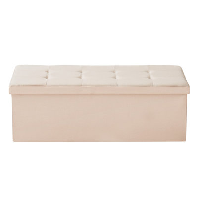 Banc coffre de rangement pliable, coffre de rangement rembourré pliable supportant jusqu'à 300 kg, banc de bout de lit avec poches latérales, pouf de lit en lin avec grand espace de rangement pour salon, chambre, entrée, beige