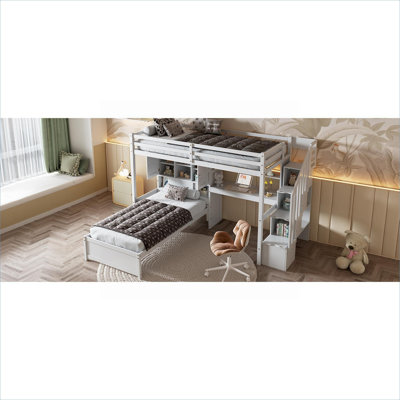 Small Space Youth Bedroom Solid Pine Twin Over Twin Loft Bed With Built-In Desk And Storage, Crisp White