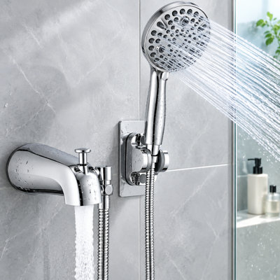 Robinet de baignoire chromé en métal avec pulvérisateur 7 réglages, bec de baignoire avec inverseur