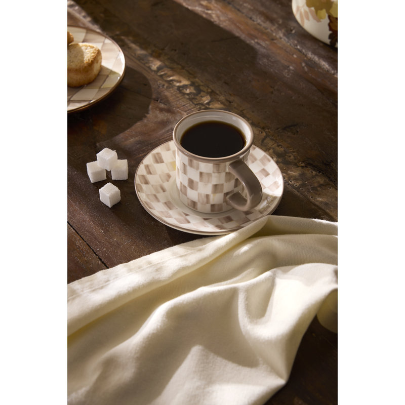 Sterling Check Stoneware Espresso Cup and Saucer, Set of 4, Pink/White