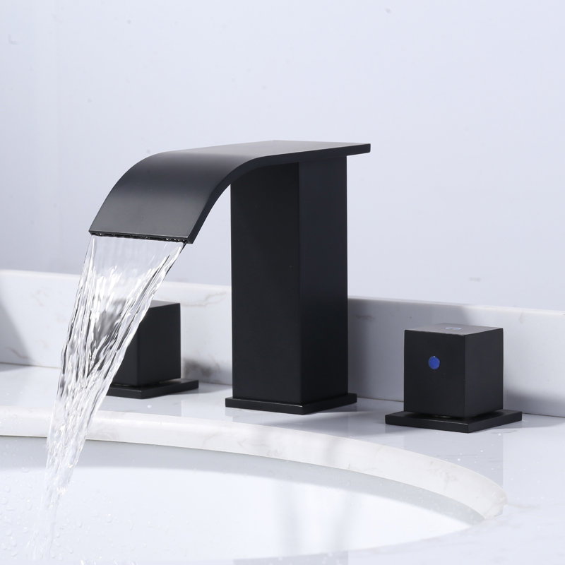 Widespread Waterfall Bathroom Faucet 3 Hole, 8 Inch Bathroom Sink Faucet with Pop Up Drain and Hose, Matte Black