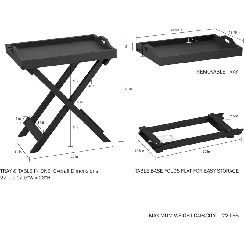 Contemporary Side Table with Removable Tray Top Portable End Furniture, Black