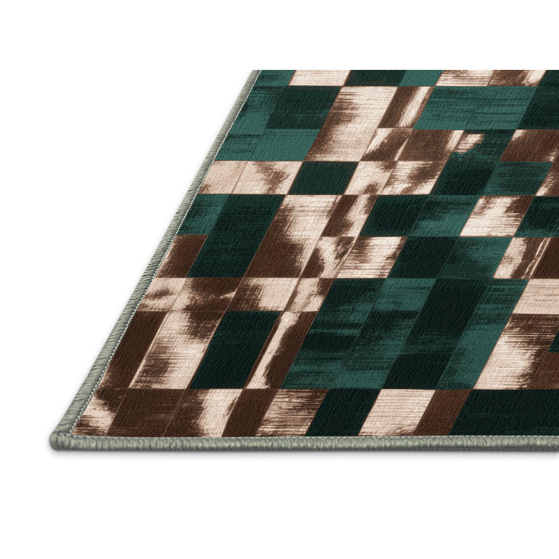 Machine Washable Checkered Green Area Rug, Rectangle 2' x 3'