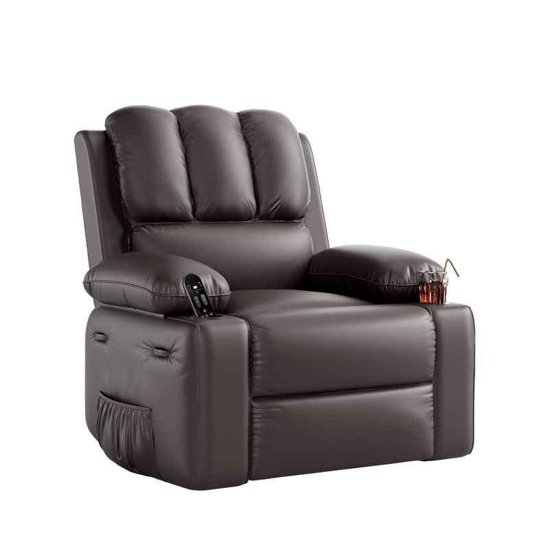 Leather Recliner Chair with 2 Cup Holders and Side Pocket, Coffee