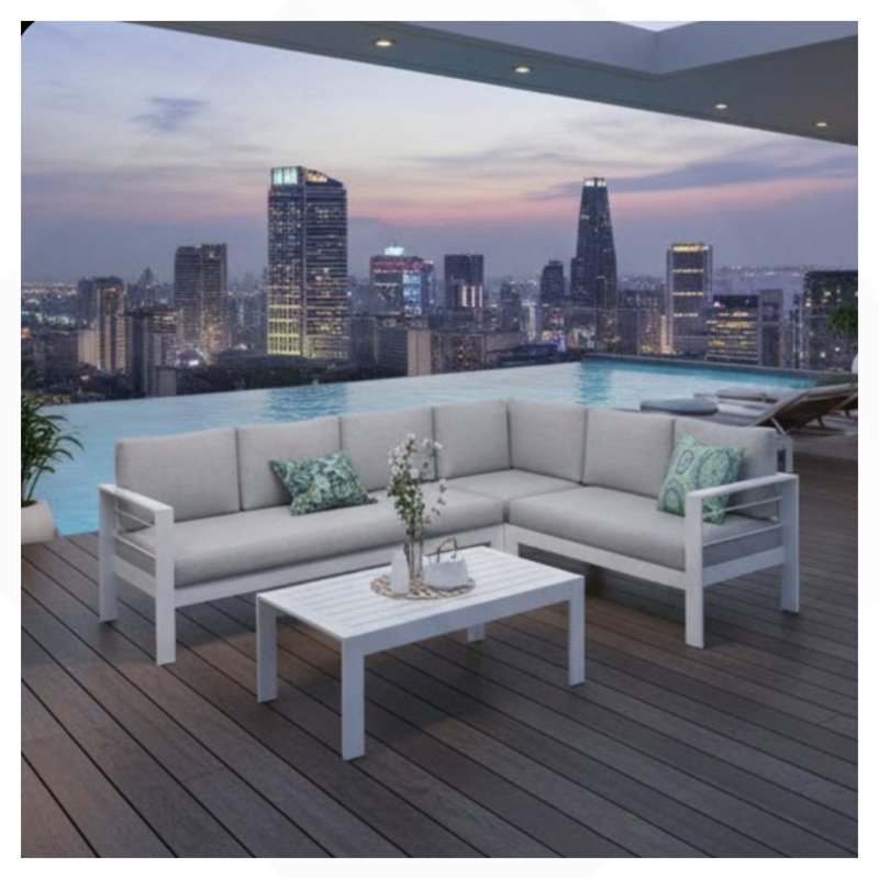 Ensemble de conversation modulaire en aluminium 4 pièces pour patio, canapé 7 places avec coussins gris clair épais et structure blanche et table basse