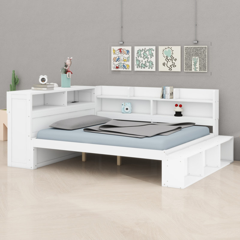 Structure de lit de jour fonctionnelle avec tablettes de rangement, armoire à chaussures et ports de chargement USB, Blanc