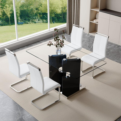 63"  Dining Table Set, Glass Dining Room Table Set with Open-Frame Legs and PU Leather Chairs