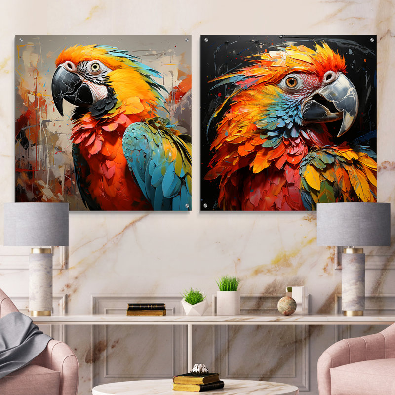 Jaune perroquet tropical tempête - perroquet acrylique sur verre, ensemble de 2, H 16 po x l 33 po