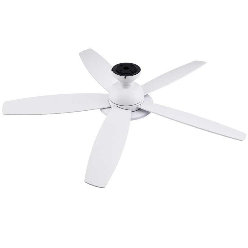 Low Profile 42" 5 - Blade Flush Mount Small Room Ceiling Fan with LED Light and Remote, White with White/Oak Wood Blades, 52"