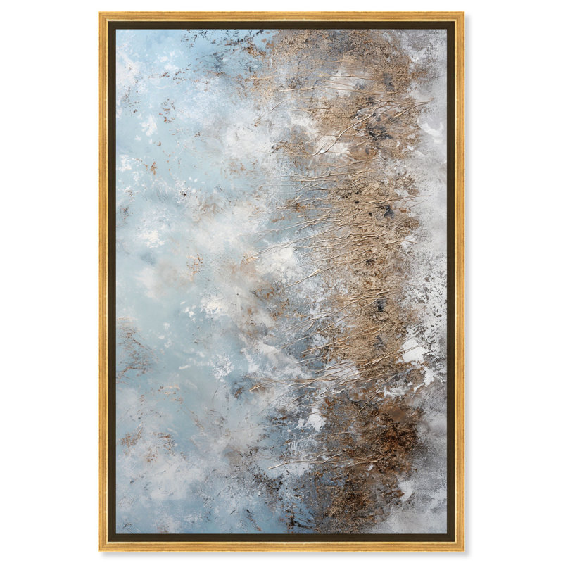 Cerulean Shore Canvas Elegant Gold Abstract par Art Remedy, Cadre argenté, H 37 po x l 25 po