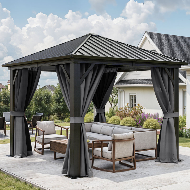 10 pi. L 10 pi. D Pavillon de jardin en aluminium avec rideaux gris, 10 pi. L 10 pi. D