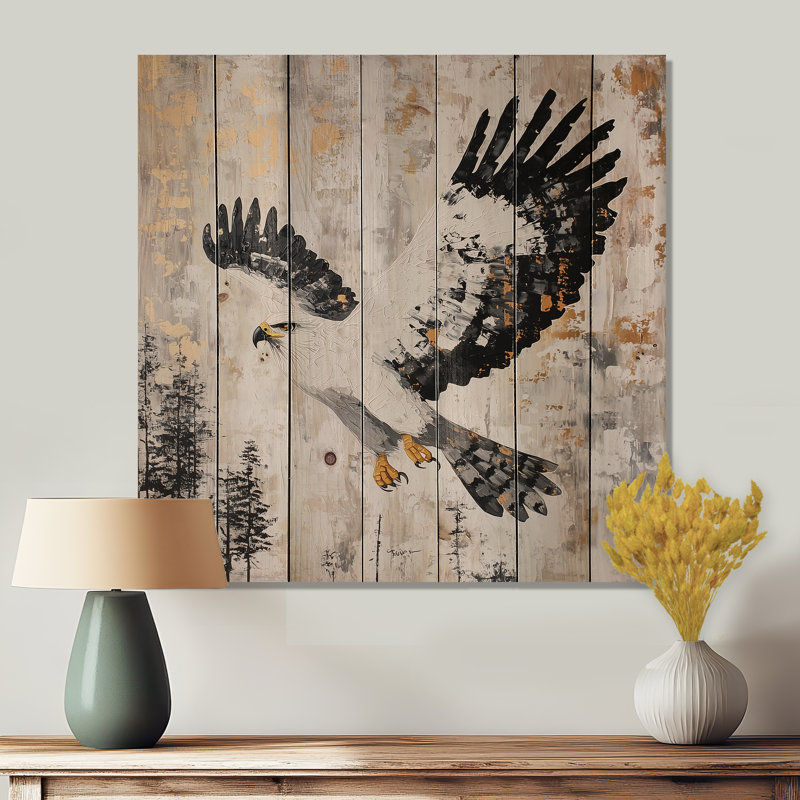 Hawk Soaring Over The Mountains I - Décoration murale moderne en bois sur bois de pin naturel, H 36 po x l 36 po