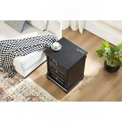 Farmhouse Style 3 Drawer Sofa Side Table with Charging Pedestal, Tall Rustic Wood Square Nightstand with Wooden Base and Roman Posts Rustic Chest of Drawers for Living Room, Bedroom, Office
