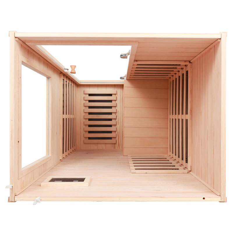 Hemlock Mini One Person Far Infrared Door On The Right Of The Indoor Sauna Room, Natural