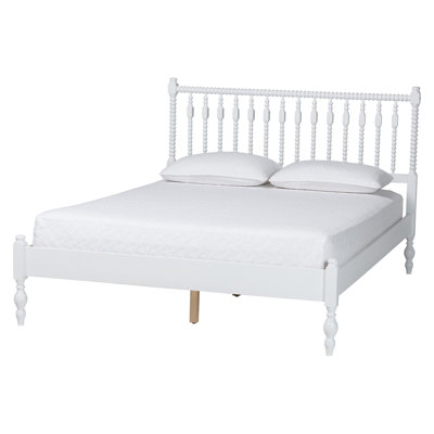 Baxton Studio Cherrelle Spindle Platform Bed - Turned Farmhouse Bed Frame with Spoked Headboard and Sculpted Legs, White, Queen