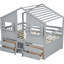 Lit mezzanine gris en pin avec fenêtres, 4 tiroirs de rangement, rails et toit décoratif