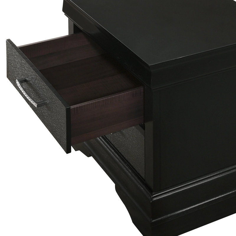 Table de chevet à deux tiroirs Modern Glam avec capitonnage à boutons en bois massif et cristal, finition noire, Noir