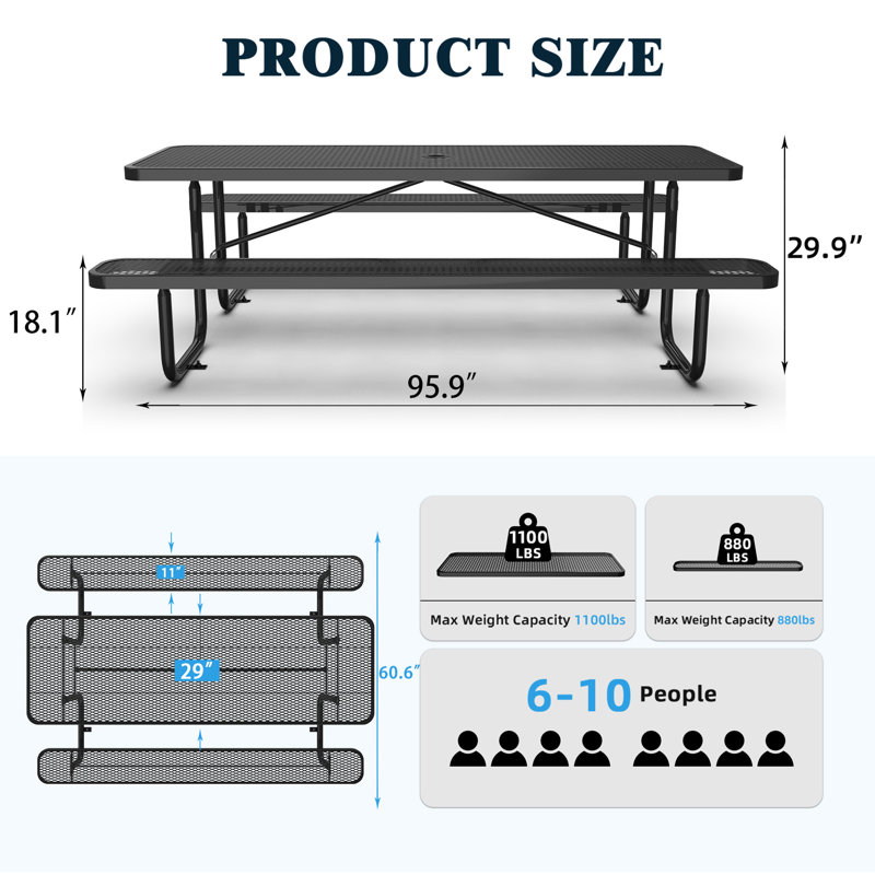 96" Rectangular Picnic Table Set, Black