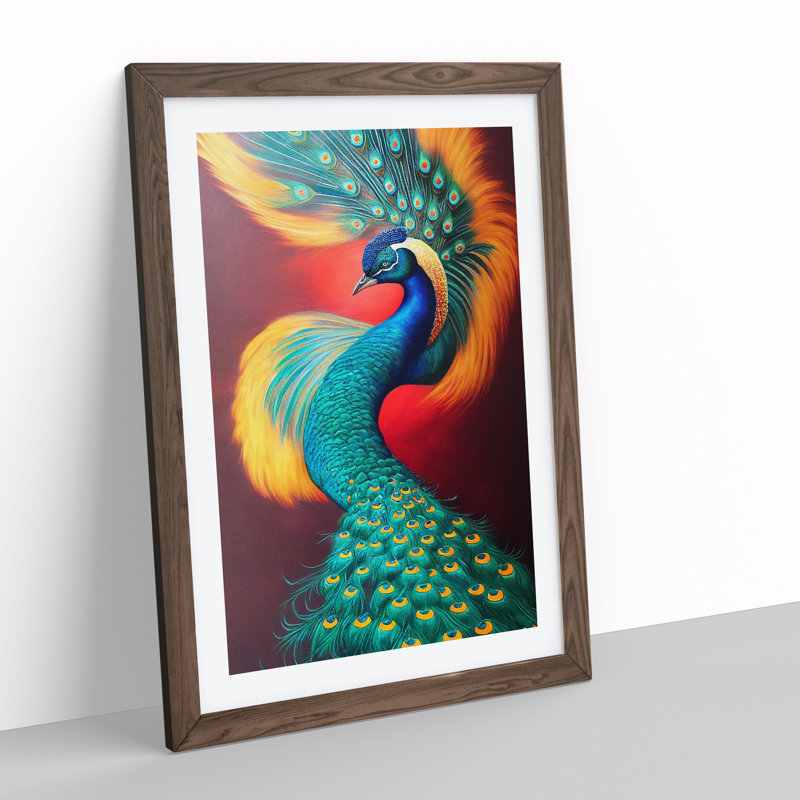 Bold Peacock Art No.2 - Wall Art, 36cm H x 27cm W x 2cm D, Walnut Framed, White