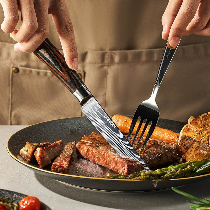 Senken Knives Senken Knives 16-Piece Imperial Collection Natural Acacia Wood Knife Block Set - Damascus Pattern Chef Knife Set, Steak Knives, Kitchen Shears - Pakka Wood Handles