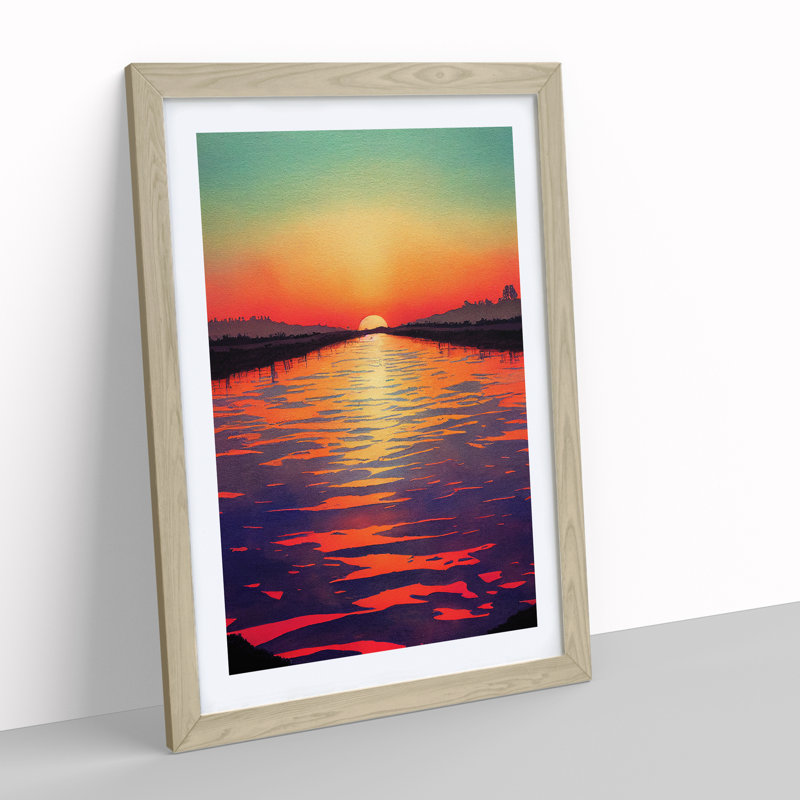 Sunset Watercolour Art No.3 - Wall Art, 36cm H x 27cm W x 2cm D, White, Oak Framed Paper