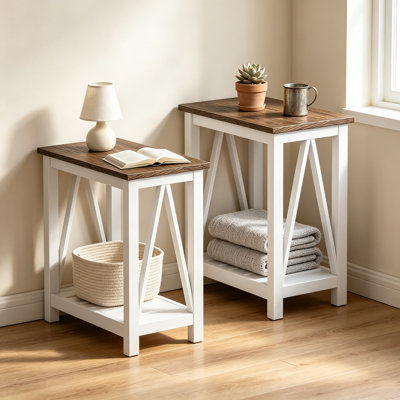 Ensemble de 2 tables de bout Farmhouse, table d'appoint étroite avec tablette à lattes, table de chevet mince pour petits espaces, table de chevet rustique pour le salon et la chambre à coucher, blanc et brun