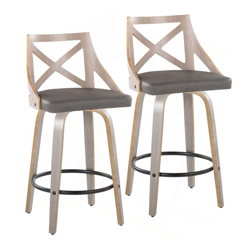 Tabouret de comptoir à hauteur fixe avec pivot en bois gris clair et similicuir avec repose-pieds rond en métal noir - ensemble de 2
