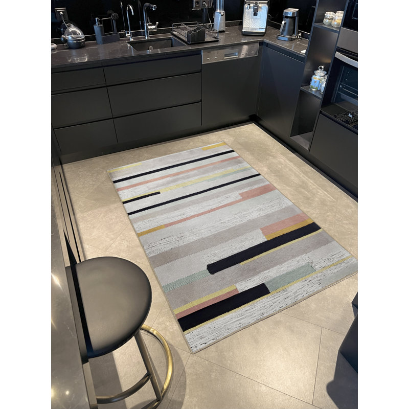 Tapis décoratif moderne à rayures grises et grises, Rectangle 4 pi 7 po x 6 pi 6 po