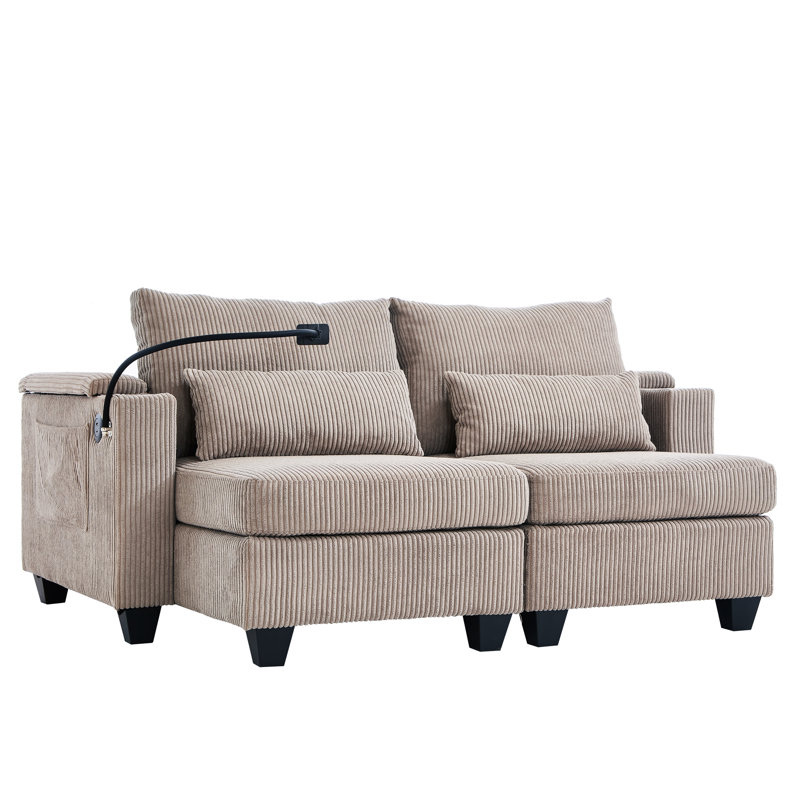 Chaise longue convertible en velours côtelé de 63 po avec ports, support pour téléphone, rangement et compartiments cachés avec poches en velours côtelé et poches latérales