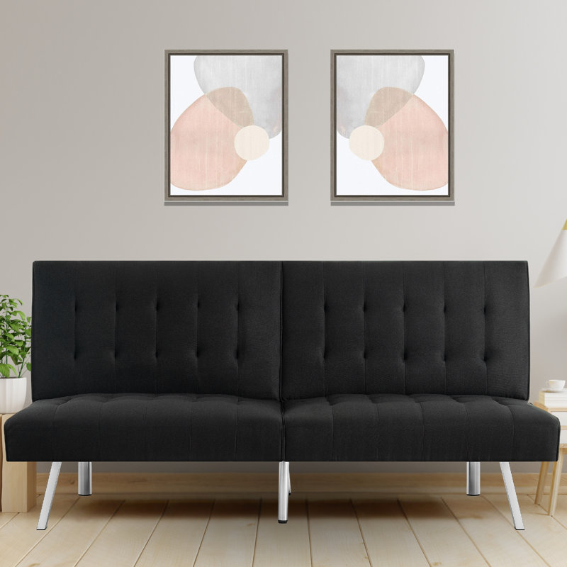 Dacy Twin 68.5" Wide Tufted Back Convertible Sofa, Black 100% Linen