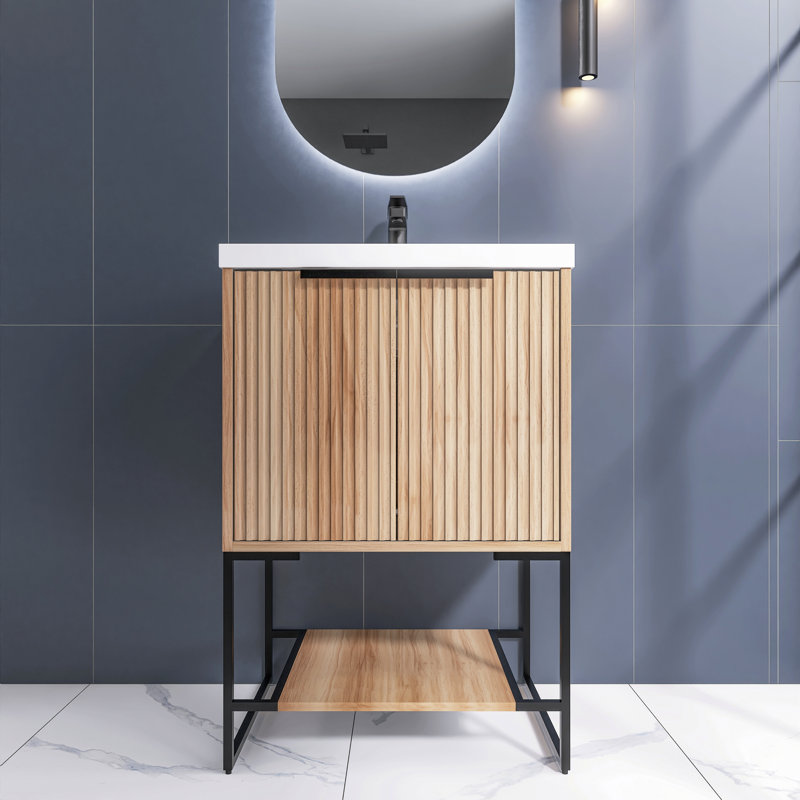 Meuble-lavabo autoportant 24 po et tablette ouverte, armoire en contreplaqué d'érable avec cuve en résine intégrée, 24"