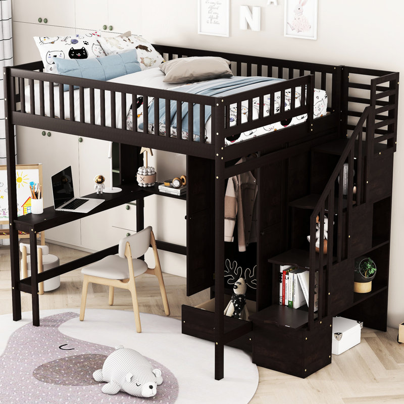 Full Size Loft Bed In With . Bookshelf, Drawers, Desk, And Wardrobe. Strong Solid Pinewood Build. Playhouse Inspired Style. Fence Shaped Decorative Touch. 94.4"L X 57"W 72"H. Mattress Not Included.