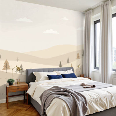 Modern Peel and Stick Wallpaper Abstract Mountain Landscape Trees Soft Tones Wall Murals 100"H x 144"W Removable PVC Wall Paper Self-Adhesive Wall Decor for Bedroom Living Room