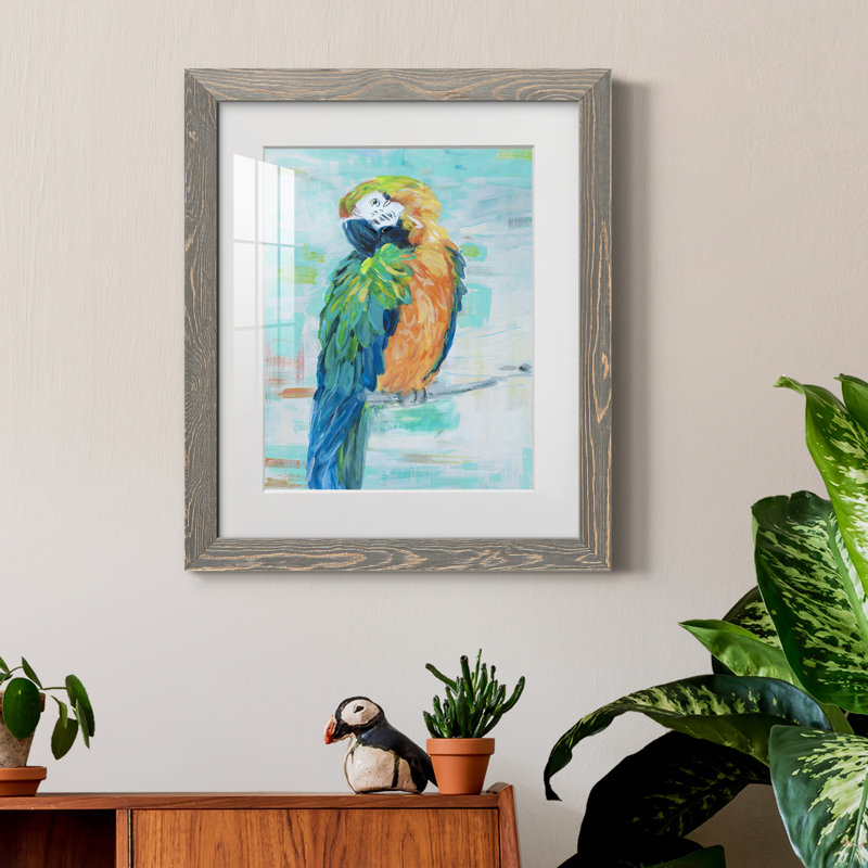 Island Parrot II - peinture encadrée, Encadrement gris, H 20 po x l 17 po x P 1,5 po
