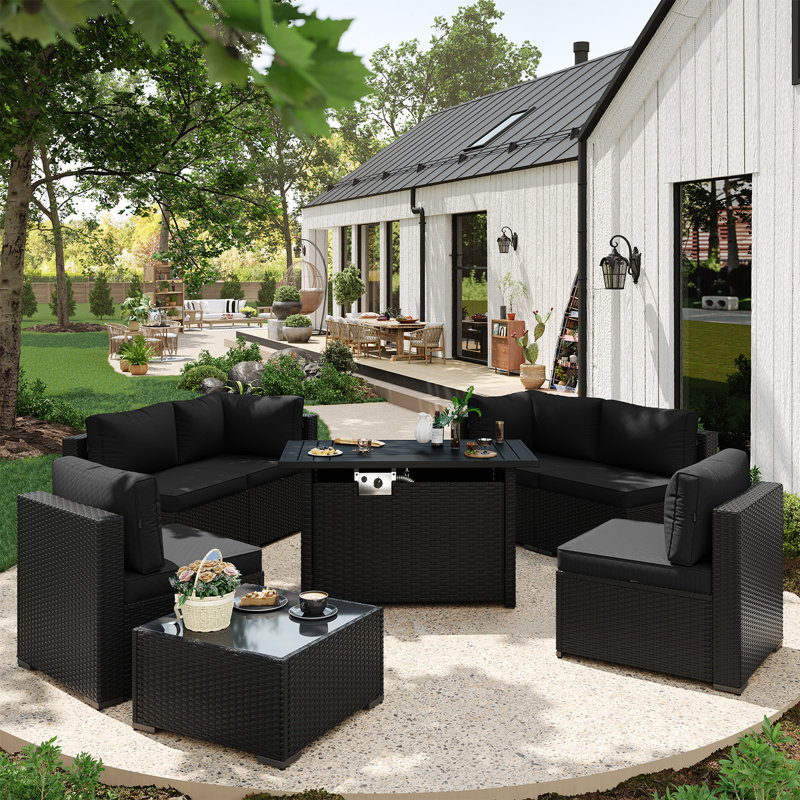 Ensemble de conversation pour patio en osier pour 6 personnes avec coussins, table basse et table de foyer d'extérieur 44 po Caradog