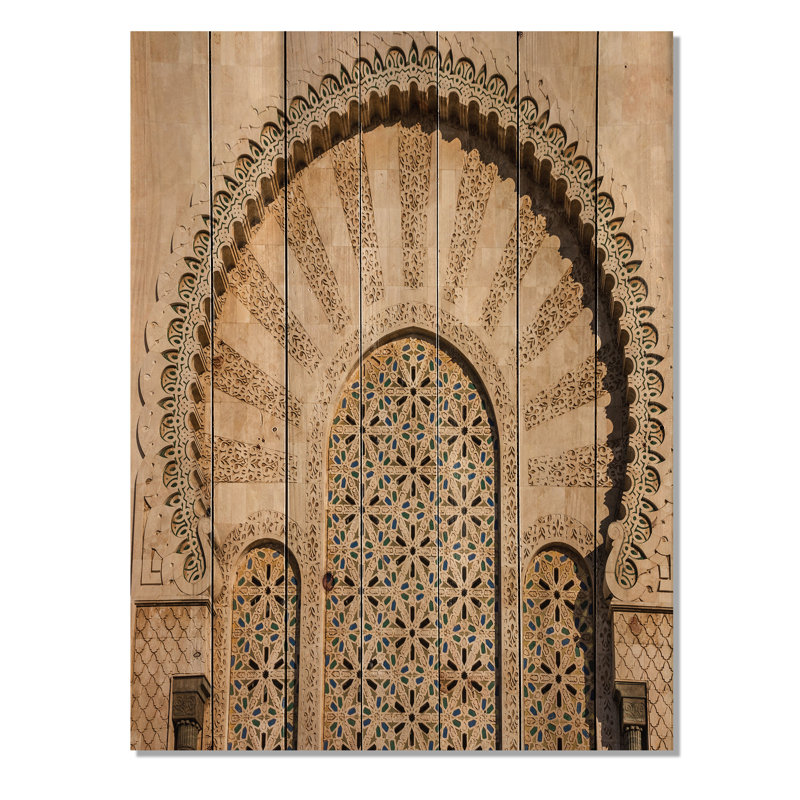 Impression de porte de mosquée marocaine sur bois naturel, H 46 po x l 36 po x P 1,5 po