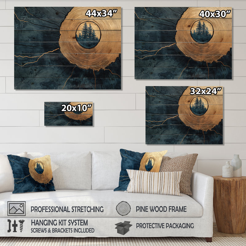 Abstrait forêt de pin sur bois Horizon - Art mural bois de forêt - sur bois de pin naturel, H 24 po x l 32 po x P 0,78 po