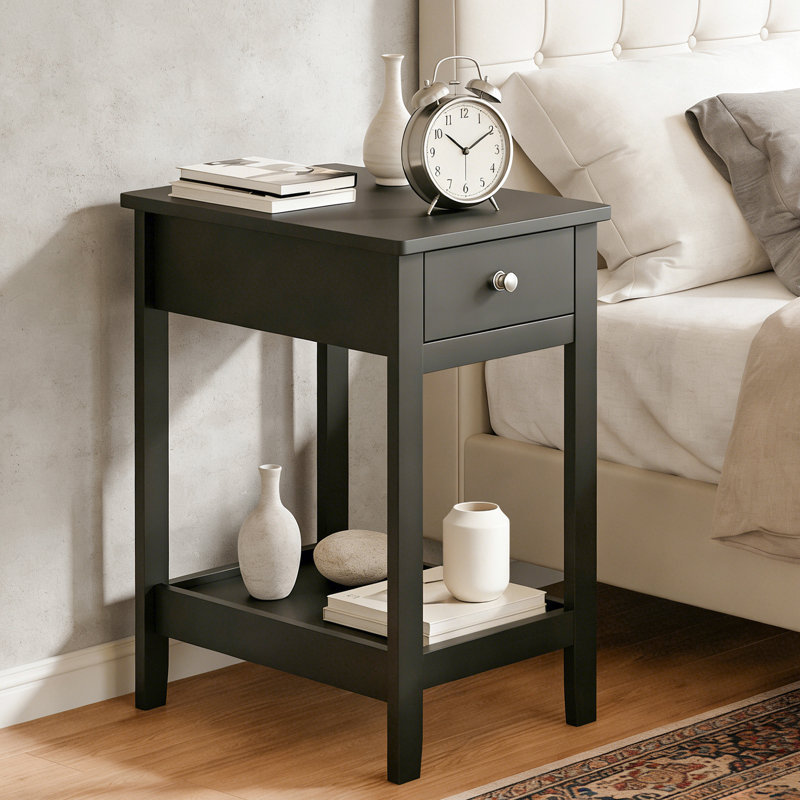 End Table With Drawer And Open Storage Shelf, Narrow Side Table With Drawer And Shelf For Small Space, Black, 2