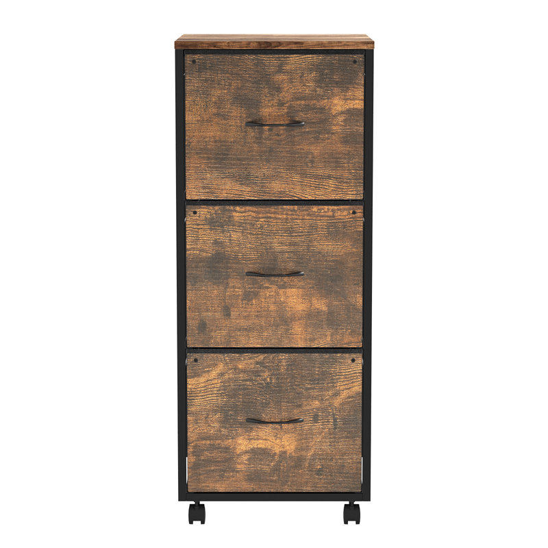 15 Inch Embossed Metal Framed Wooden File Cabinet With 3 Tall Drawers And Wheels