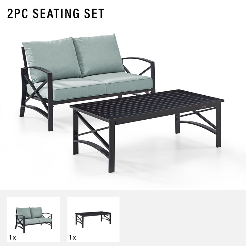 Mosier 2 - Person Patio Conversation Set with Cushions, Mist, Oil Rubbed Bronze