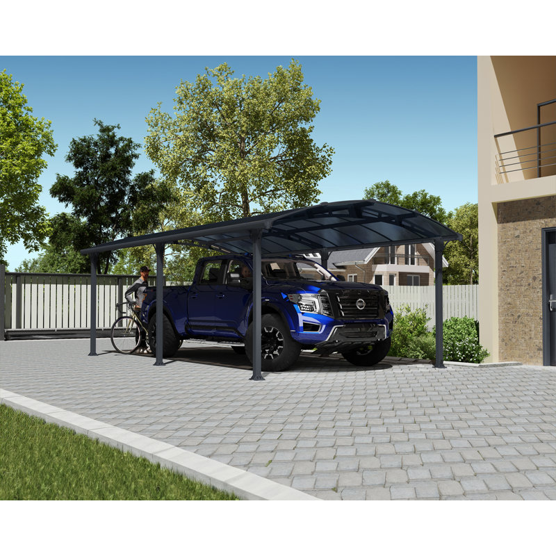 Palram - Canopia Arcadia 12' W x 21' D Polycarbonate Galvanized Steel Weather-Protected Carport Canopy for Cars Trucks Gray