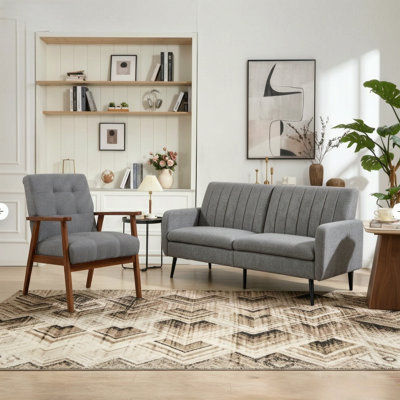 2-Piece Modern Upholstered Living Room Set With Wooden Armrests & Convertible Backrest