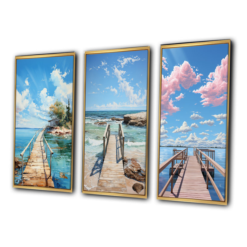 «Pier and Dock Coastal», 3 pièces sur toile, Cadre flottant doré, H 28 po x l 36 po