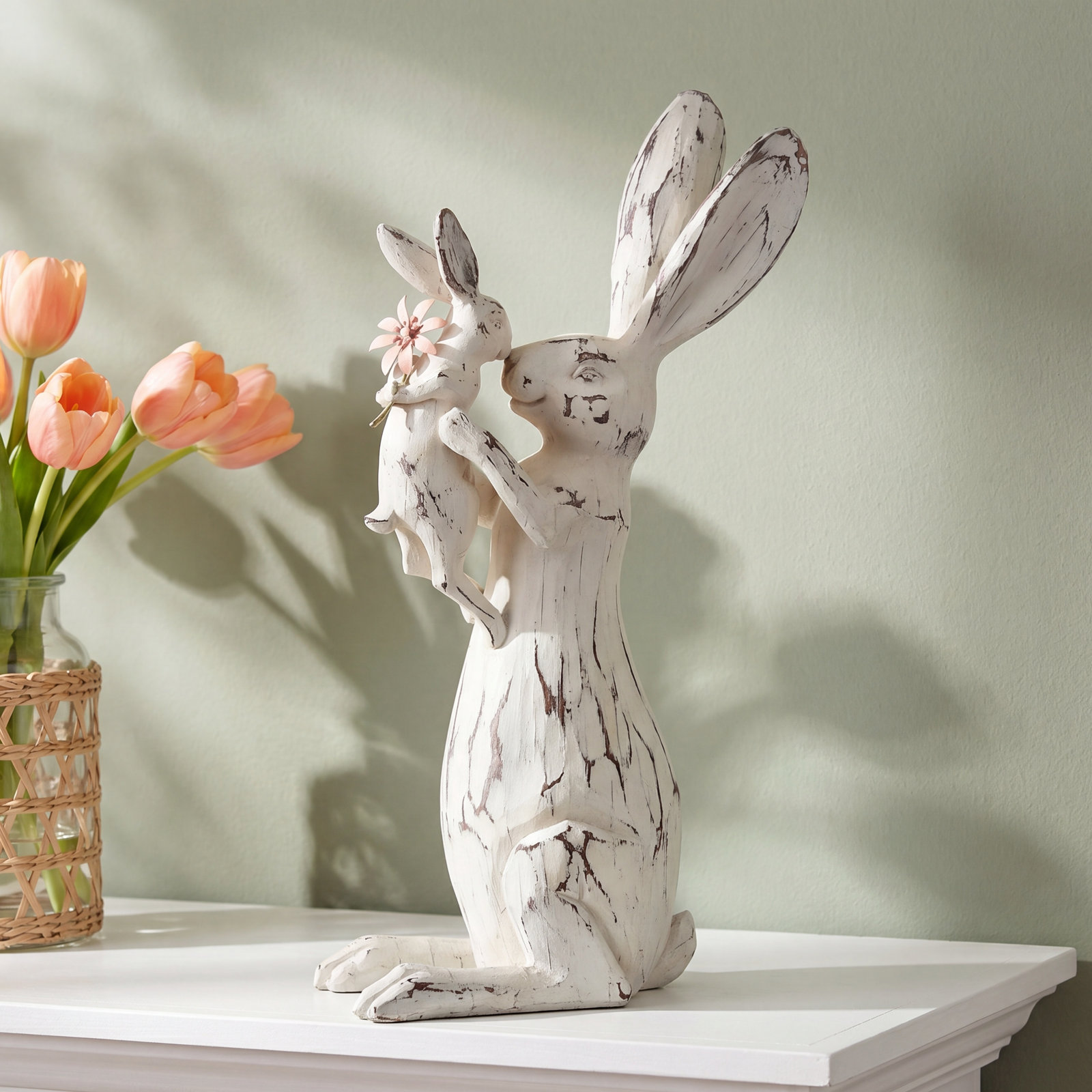 Carved Bunny Kissing Baby Figurine