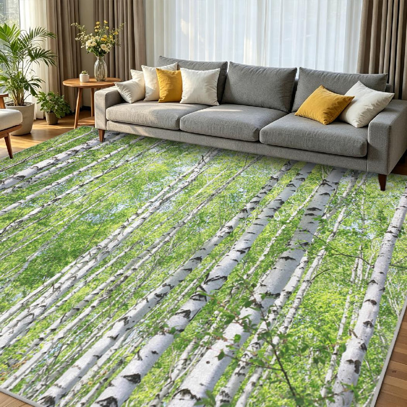 Green Tree Birch Forest Sunlight Morning Summer Abstract Machine Washable Indoor Area Rug, Rectangle 79" x 118"