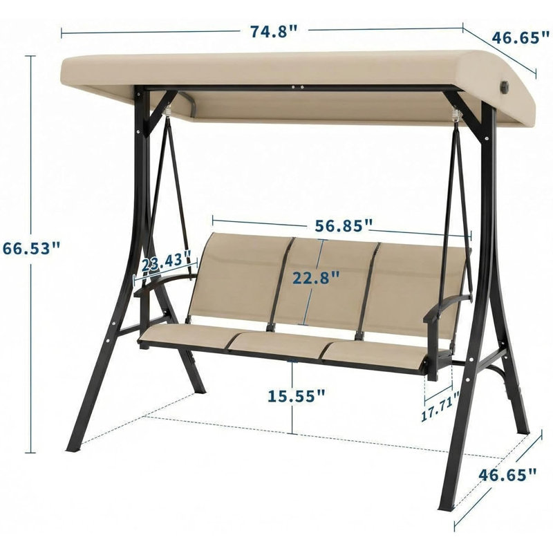 3-Seat Outdoor Patio Swing Chair, Porch Hanging Bench with Adjustable Canopy, Armrests, and Breathable Textilene Fabric for Garden, Backyard, Poolside, Beige