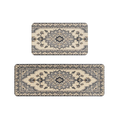 Grey Beige Persian Kitchen Mats, 2 Pcs Traditional Home Decor Rugs For Kitchen & Living Room