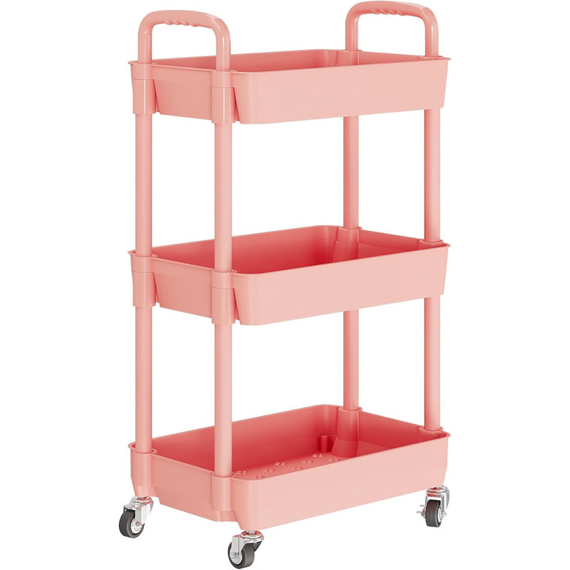 3-Tier Rolling Cart with Wheels,Multifunction Utility Storage carts, Kitchen Storage Organizer,Mobile Shelving Unit, Pink